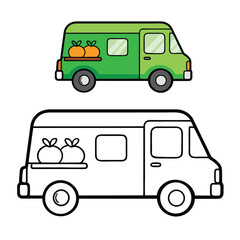 A green fresh food delivery van coloring page featuring a cheerful vehicle loaded with fruits and veggies, symbolizing healthy, eco-friendly produce delivery and freshness.
