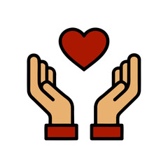 Obraz premium Stylized graphic illustration of two open hands gently holding a red heart symbol against a solid black background representing care and love
