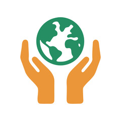 Two cupped hands gently holding a green planet earth with continents depicted in black against a dark background symbolizing care and protection