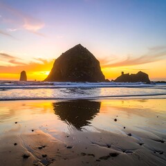 Dramatic sunset over a beach with a prominent rock formation