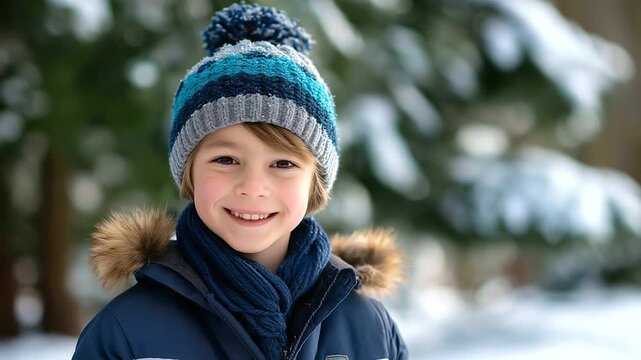 Kid in knitted pom-pom hat smiling at camera, snow-covered trees softly blurred behind, cheerful winter vibe, with copy space.