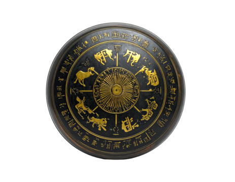 A round object with a zodiac wheel, gold accents, and aged, weathered texture