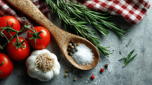 Still life of tomatoes garlic rosemary salt and pepper on a wooden spoon with a checkered cloth