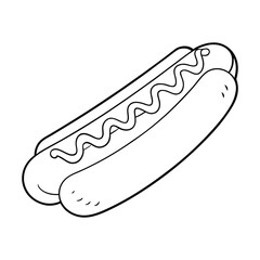 A fun coloring page featuring a tasty hot dog in a bun, topped with wavy lines of ketchup and mustard. Perfect for kids to color and enjoy classic picnic vibes!
