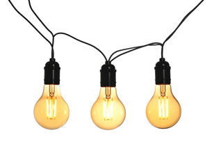 Three glowing bulbs, suspended on black wires against a dark background