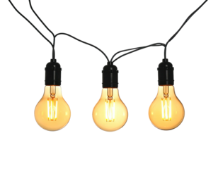 Three glowing bulbs, suspended on black wires against a dark background