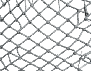 Close-up of a gray rope net with diamond-shaped openings against a black void