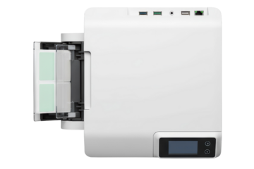 Modern white desktop ID card printer printing plastic cards isolated on a transparent background