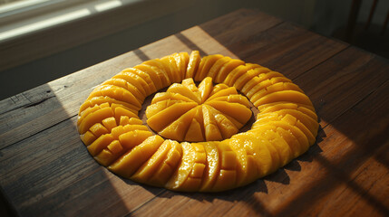Artistic presentation of fresh mango pieces in a perfect round shape on rustic wood surface.