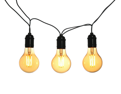 Three glowing bulbs, suspended on black wires against a dark background