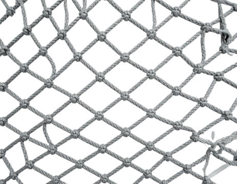 Close-up of a gray rope net with diamond-shaped openings against a black void