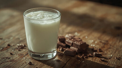 Refreshing iced milk drink with chocolate chunks on aged wooden surface, cozy morning atmosphere.