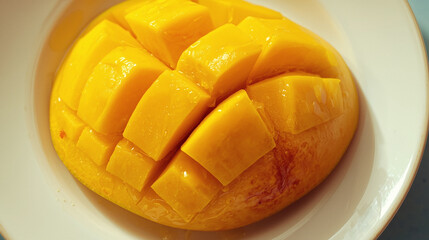 Delicious ripe mango cubes served on a white plate under natural light.