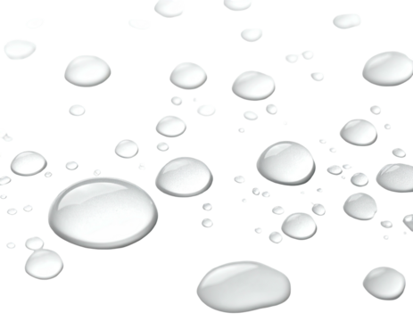 Several shiny, white, and glossy water drops scattered against a stark black background