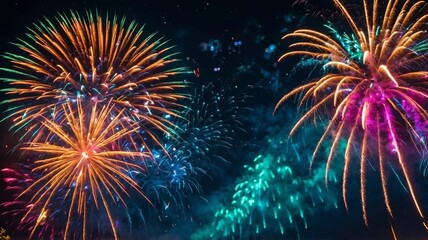 Vibrant Orange Pink and Teal Fireworks Display in Night Sky