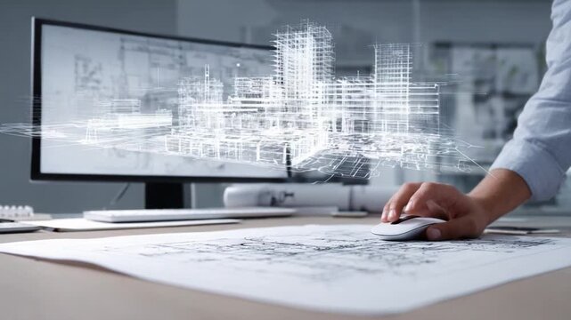 Architectural Design Visualization: An architect meticulously designs a modern urban landscape using advanced digital tools, representing innovation and precision in building design. 
