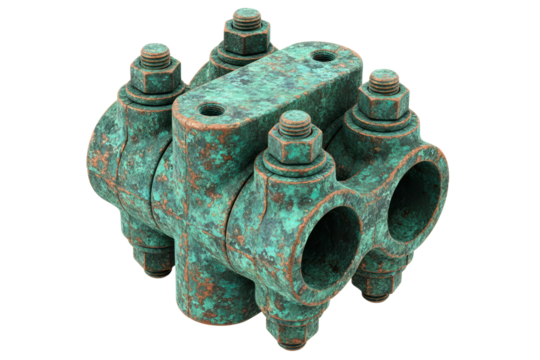 Industrial pipe clamp with green copper patina isolated on a transparent background