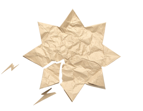 Torn paper star with creases, two lightning bolts, all against a transparent background