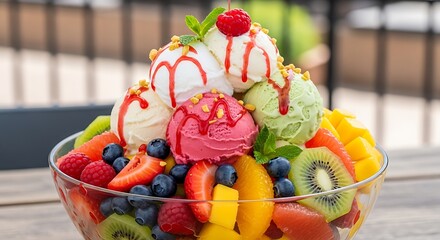 Colorful Fruit Salad with Ice Cream and Berries.