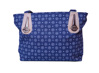 A stylish blue handbag with a white patterned design and elegant gold toned