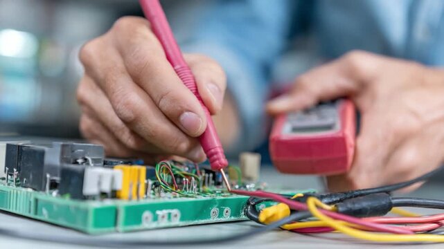 Electronic Diagnosis: A close-up view showcases the precision of electrical circuit analysis. With meticulous focus, a hand, wielding a digital multimeter and a probe.