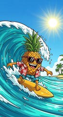 Surfing Pineapple Cartoon Character Riding a Wave in Paradise.