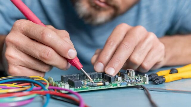 Precision in Technology: A skilled technician, focused and deliberate, expertly wields a multimeter probe to assess intricate electronics. Highlighting the detail of the engineering, innovation.