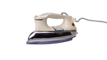 Classic electric iron with chrome soleplate, isolated.