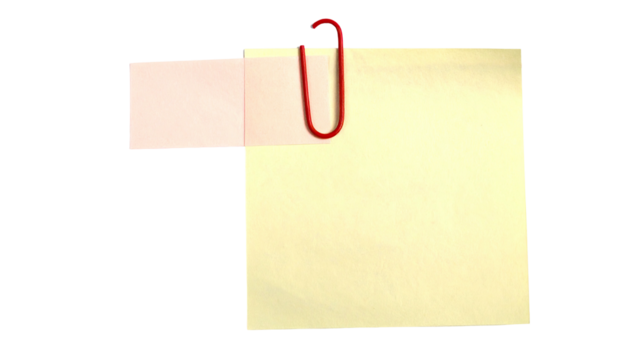Pink square and yellow square paper notes held together with a red paperclip