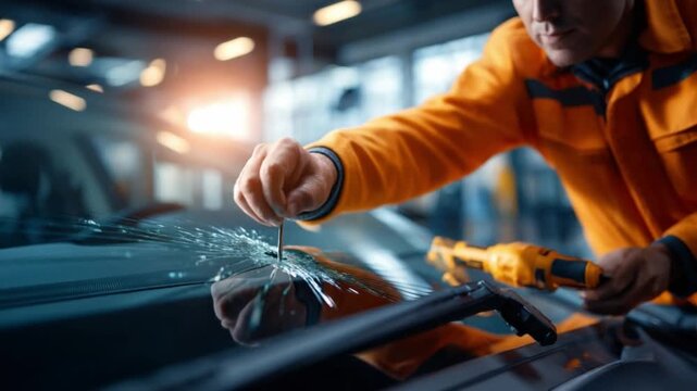 Automotive Technician Repairing Windscreen: A skilled technician meticulously repairs a damaged car windshield, working with precision and care to restore the glass