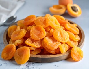 Dried apricots on a wooden plate