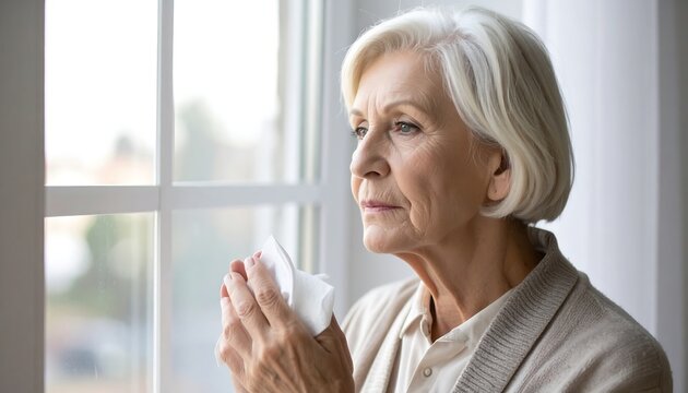Elderly woman looking out a window, sad - Powered by Adobe