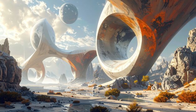 Bizarre alien landscape featuring enormous, otherworldly structures and a serene desert environment under a celestial sky, with distant celestial bodies adding to the strange atmospheric composition.