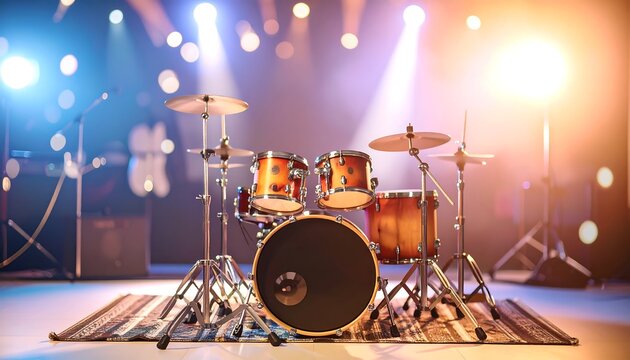 Drum set on stage, vibrant lighting