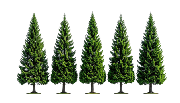 Five green conifer trees in a row against a black background