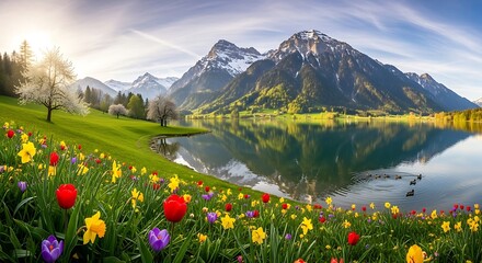 Alpine Lake Reflection - A Vibrant Spring Meadow Landscape.