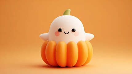 Minimalist 3D Icon-Style Design: Cute Ghost Inside Pumpkin (Simple Shapes/Lines), Solid Background + 45-Degree Centered Composition (Isometric View/Studio Lighting) for 2D Games
