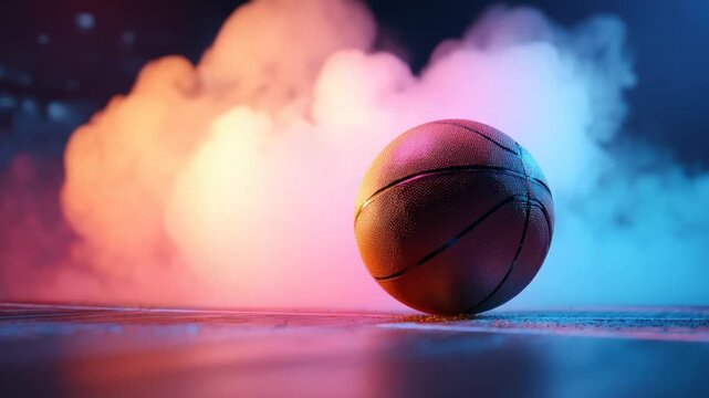 A basketball rests on a floor, illuminated by pink and blue lights with smoke