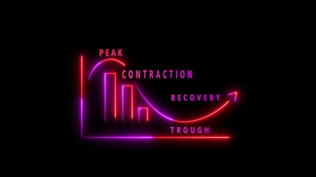 Pink and red neon economic cycle graph with peak contraction recovery and trough labels business cycle 4k vide