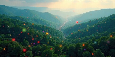 Augmented reality interface seamlessly integrated with a natural landscape, blurring digital and physical. A serene forest landscape with ethereal, glowing geometric data overlays and holographic