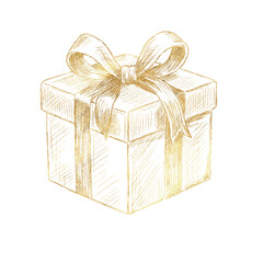 Vector freehand golden christmas gift box scribble isolated on white background. Texture of writing materials. Handwritten christmases gold doodles and pencil strokes. Hand drawn gift