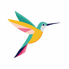 Fototapeta premium A vibrant, stylized hummingbird with colorful geometric wings flying against a plain white background.