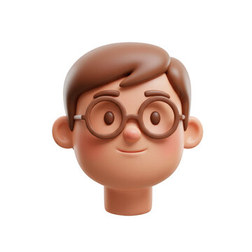3D render of a cartoon boy's head with glasses, smiling isolated on a transparent background, png, cutout.