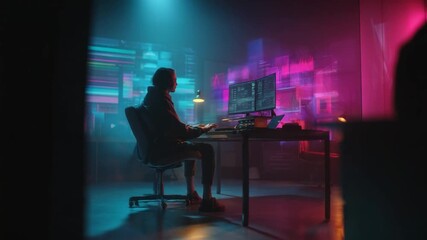 Tech Haven at Night: A lone figure delves into the digital realm, illuminated by the glow of multiple monitors, the room awash in a vibrant neon ambience, a sanctuary for technology. - Powered by Adobe