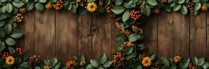 Rustic wooden background adorned with lush green leaves, vibrant yellow flowers, and bright orange berries, creating a natural frame that beautifully encloses the blank space in the center, perfect...