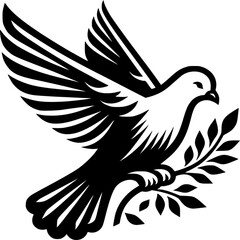 Fototapeta premium Dove of Peace Emblem: A serene illustration captures a dove gracefully soaring, a symbol of peace, holding an olive branch, representing hope and serenity. A timeless symbol of unity and tranquility.