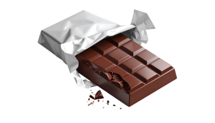 Delicious Dark Chocolate Bar Partially Unwrapped with a Bite Taken Out | Gourmet Indulgence & Sweet Treat on Black