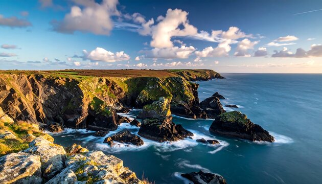 Coastal cliffs meeting the ocean under a blue sky - Powered by Adobe