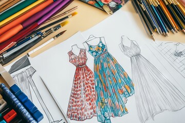 Clothing Designer's Desk with Fashion Collection Blueprint