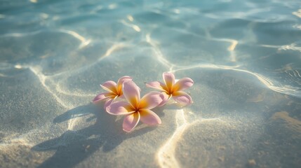 Delicate plumeria blossoms gently rest on a sun-dappled, shallow water surface.